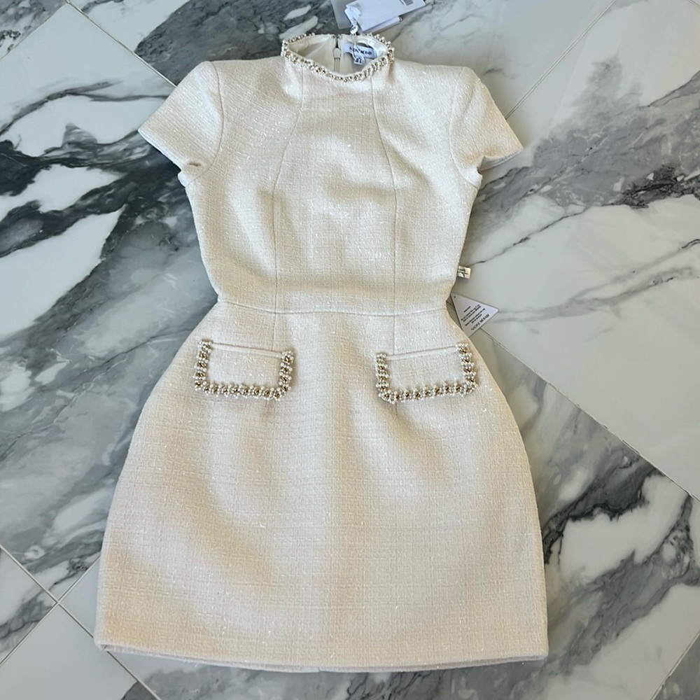 NADINE MERABI Cream Tweed Mini Dress with Pearl Trim